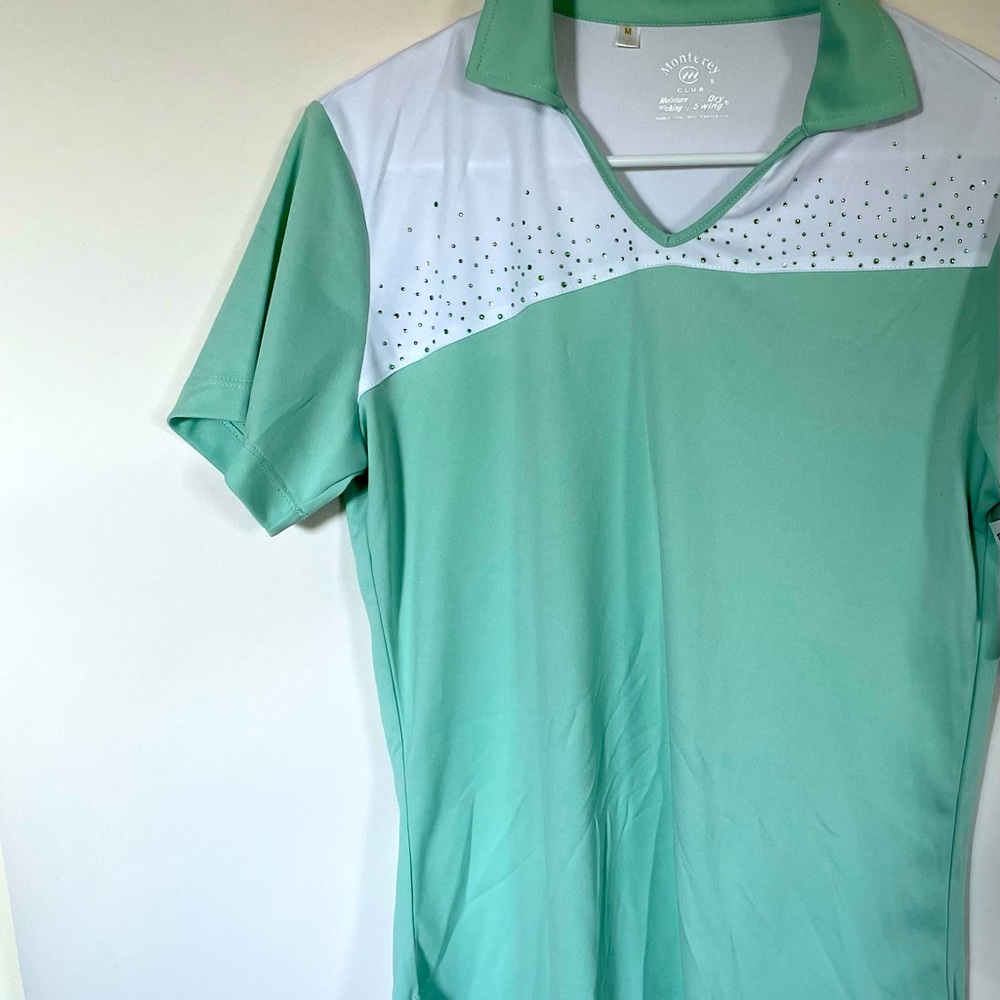 Golf polo women’s shirt mint green and white with mint green sparkles